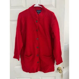 Vintage Herman Geist Red Wool Cardigan Sweater Jacket Pockets Retro Twee Size S
